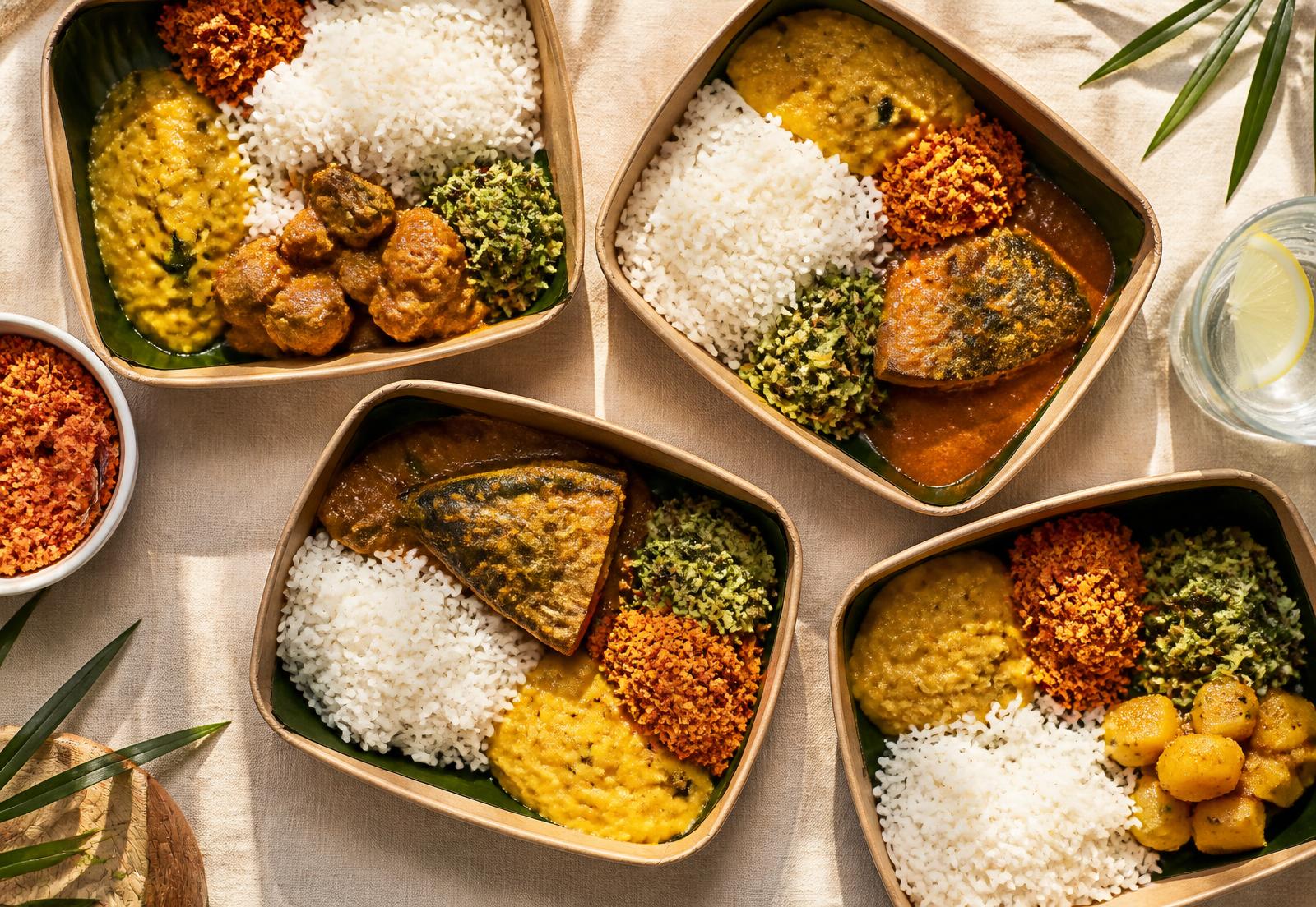 Sri Lankan rice and curry lunch boxes packed in eco kraft containers